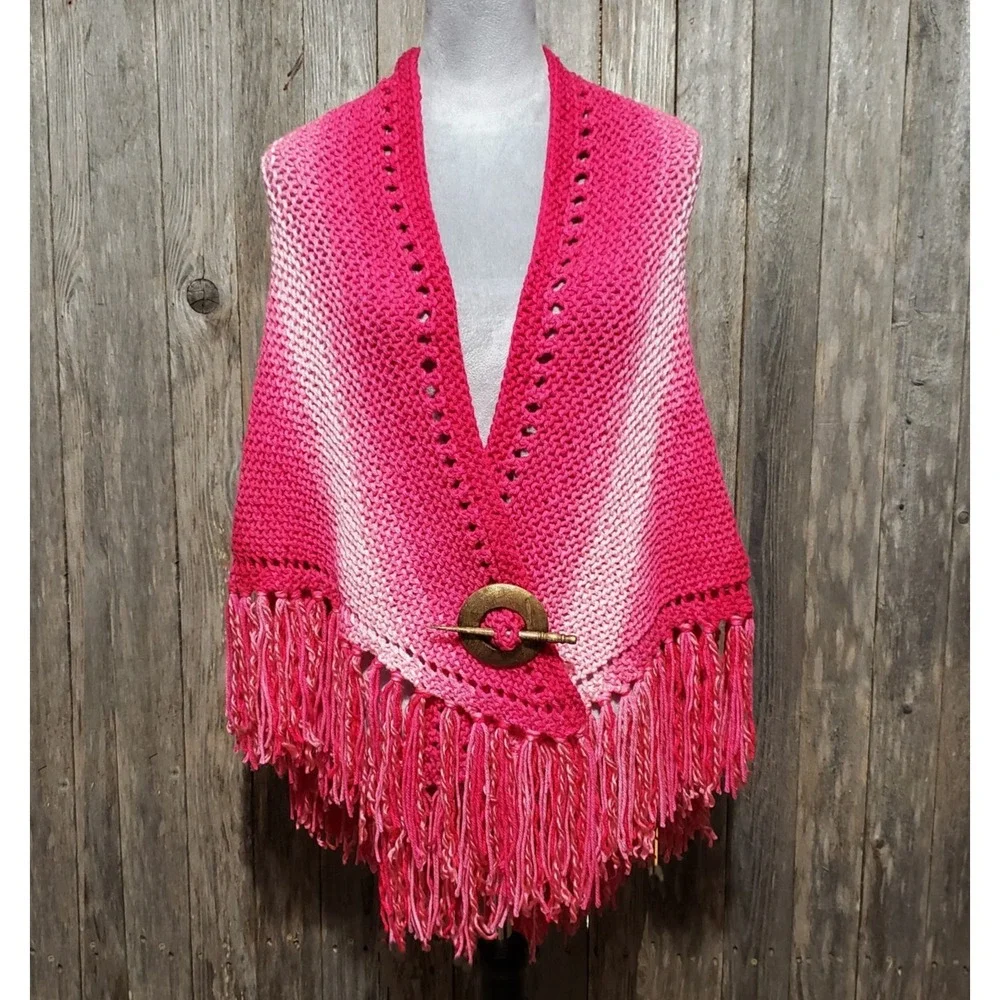 NEW Pink Ombre Hand‎ Knitted Shawl Wrap Scarf Boho Fringe Cottage Coquette Fairy
